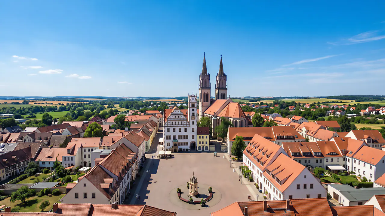 Luftaufnahme über den Oschatzer Marktplatz mit der zweitürmigen Stadtkirche St. Aegidien und historischer Bebauung Nordsachsens.